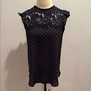 LOFT Navy Sleeveless Lace Polka Dot Blouse